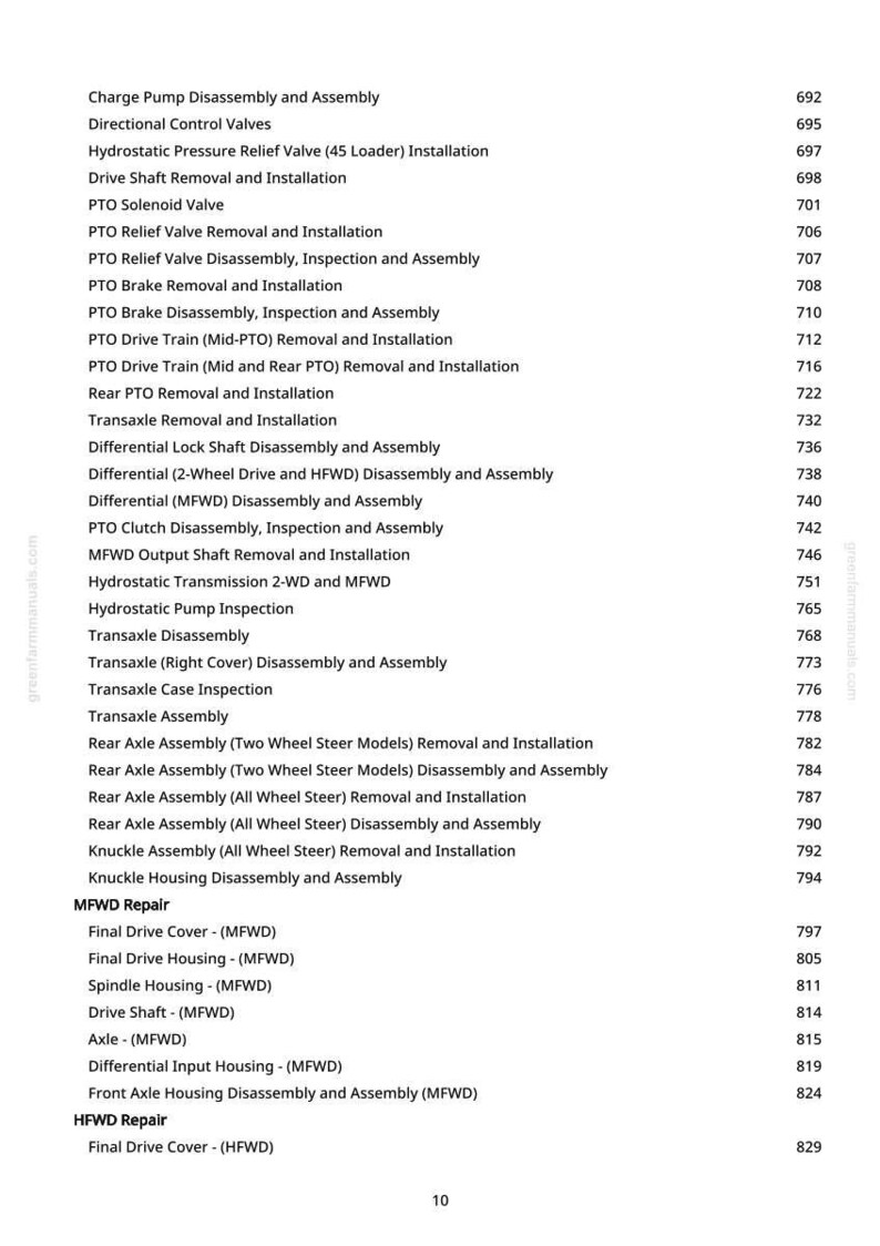 May include: A detailed page from a manual, listing various mechanical procedures with corresponding page numbers. Procedures include disassembly, removal, and installation of parts like axles, valves, and transmissions. The text is in black on a white background.