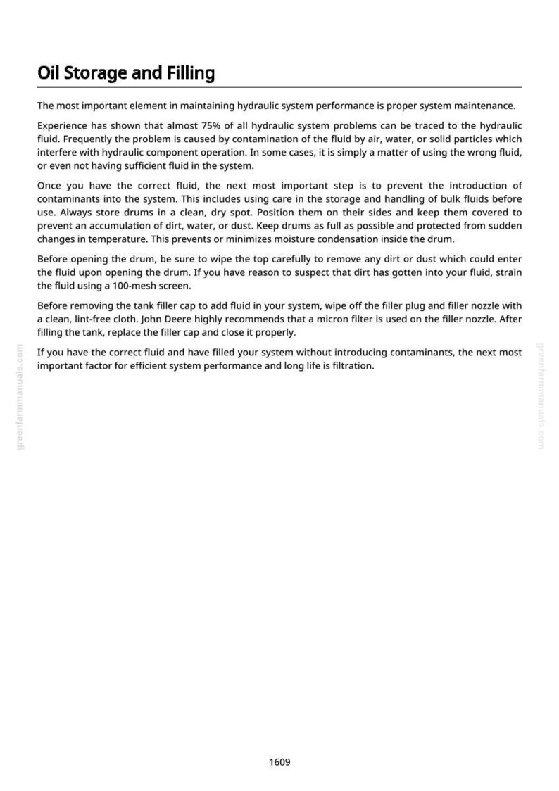 K&ouml;nnte beinhalten: Eine Seite aus einem Handbuch mit dem Titel &bdquo;&Ouml;llagerung und -bef&uuml;llung&ldquo;. Der Text beschreibt die Bedeutung der ordnungsgem&auml;&szlig;en Wartung des Hydrauliksystems, einschlie&szlig;lich der Vermeidung von Verunreinigungen und der Verwendung des richtigen Fluids.