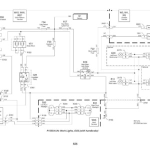 May include: Detailed electrical schematic diagram for work lights, including headlights, relays, and fuses. The diagram features various components, labeled with text and symbols, and is designed for automotive or industrial applications.