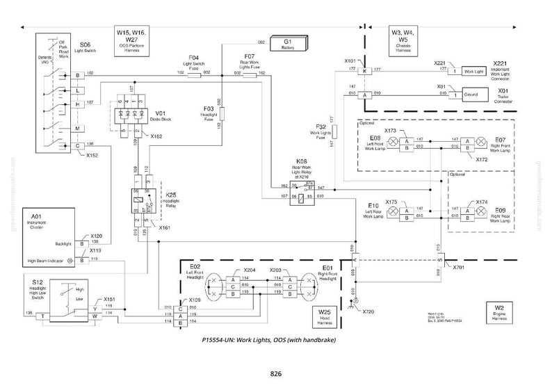 May include: Detailed electrical schematic diagram for work lights, including headlights, relays, and fuses. The diagram features various components, labeled with text and symbols, and is designed for automotive or industrial applications.