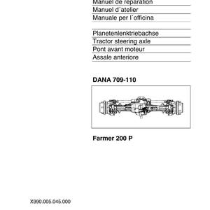May include: A white page with the Fendt logo and text in multiple languages, including "Workshopmanual" and "Tractor steering axle." Below is a diagram of a tractor axle, labeled "DANA 709-110" and "Farmer 200 P."