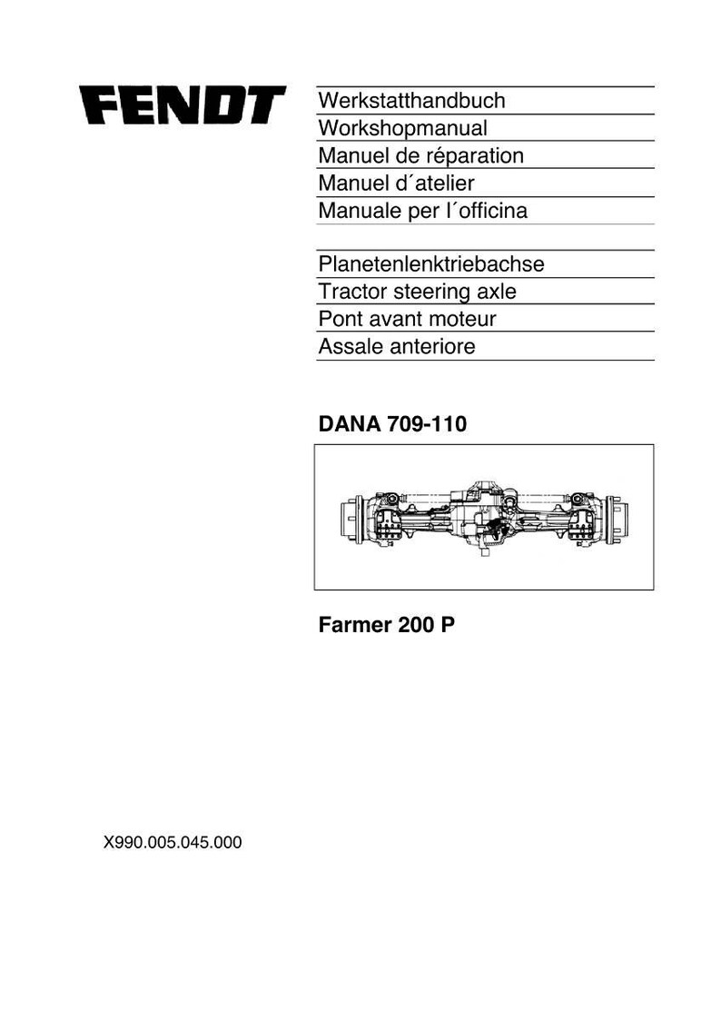 May include: A white page with the Fendt logo and text in multiple languages, including "Workshopmanual" and "Tractor steering axle." Below is a diagram of a tractor axle, labeled "DANA 709-110" and "Farmer 200 P."