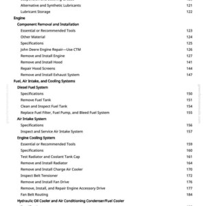 Peut inclure: Une page de manuel avec une table des mati&egrave;res d&eacute;taill&eacute;e pour la r&eacute;paration et l'entretien du moteur. Le texte comprend des sections sur le carburant, l'admission d'air, les syst&egrave;mes de refroidissement et l'huile hydraulique.