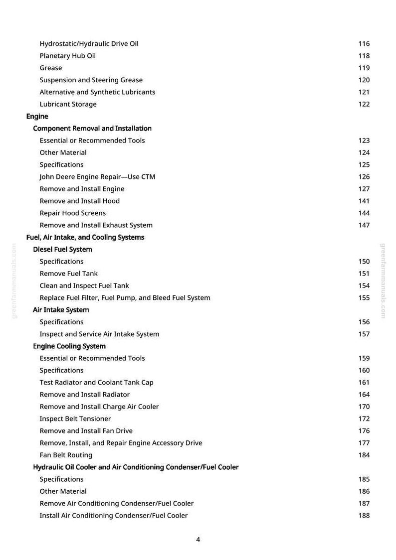 Peut inclure: Une page de manuel avec une table des mati&egrave;res d&eacute;taill&eacute;e pour la r&eacute;paration et l'entretien du moteur. Le texte comprend des sections sur le carburant, l'admission d'air, les syst&egrave;mes de refroidissement et l'huile hydraulique.