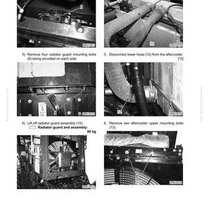 May include: Diagram of engine cooling system components, including hoses, bolts, and a radiator guard. Instructions detail removal and installation steps for the aftercooler assembly. The radiator guard assembly weighs 80 kg.