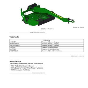 May include: A detailed product view of a C350 Mower-Conditioner, a green agricultural machine. The image includes a list of trademarks and abbreviations, such as PIN and RPM, providing technical information about the equipment.