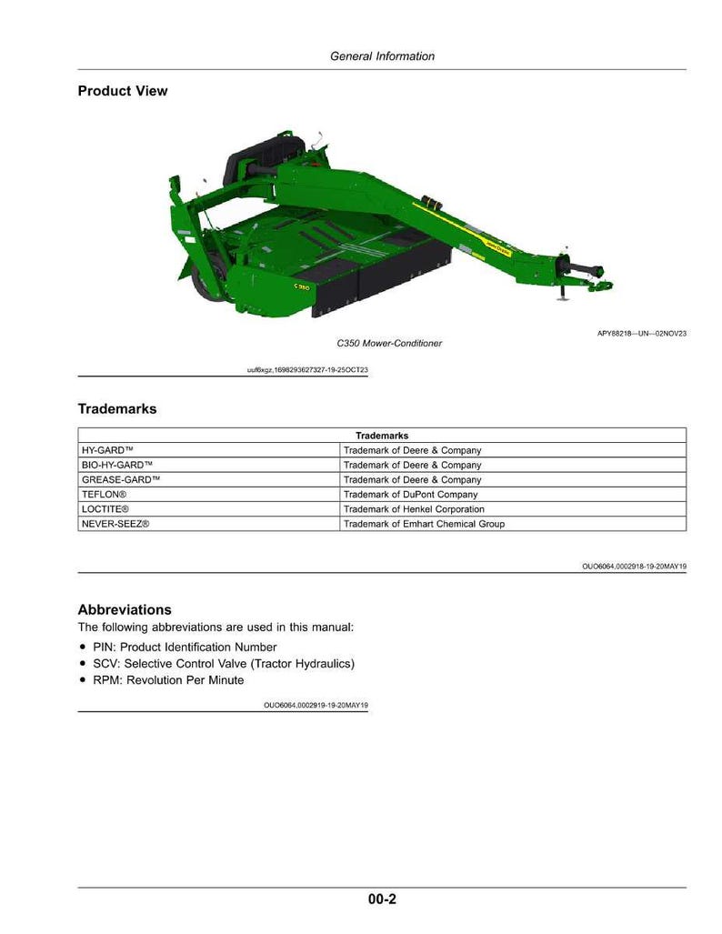 May include: A detailed product view of a C350 Mower-Conditioner, a green agricultural machine. The image includes a list of trademarks and abbreviations, such as PIN and RPM, providing technical information about the equipment.