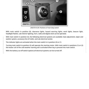 May include: Diagram of a control panel with a key switch and numbered positions. The text "Operational Information - Section 1" is at the top. The image includes text describing the functions of the switch positions.