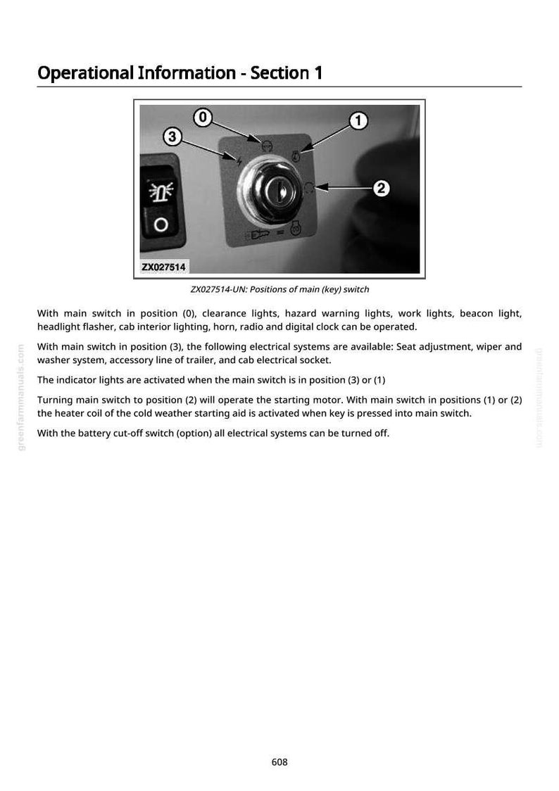 May include: Diagram of a control panel with a key switch and numbered positions. The text "Operational Information - Section 1" is at the top. The image includes text describing the functions of the switch positions.