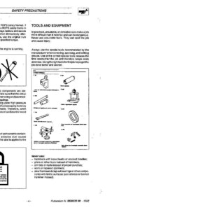 Op de afbeelding: Een pagina uit een handleiding met de titel "VEILIGHEIDSMAATREGELEN". De pagina bevat illustraties van gereedschappen en apparatuur, samen met veiligheidswaarschuwingen en instructies. De tekst waarschuwt voor asbest.