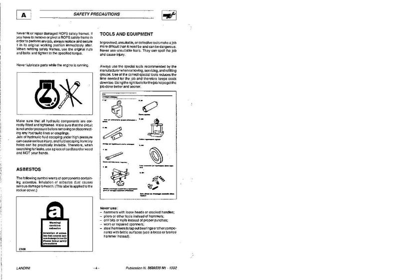 Op de afbeelding: Een pagina uit een handleiding met de titel "VEILIGHEIDSMAATREGELEN". De pagina bevat illustraties van gereedschappen en apparatuur, samen met veiligheidswaarschuwingen en instructies. De tekst waarschuwt voor asbest.