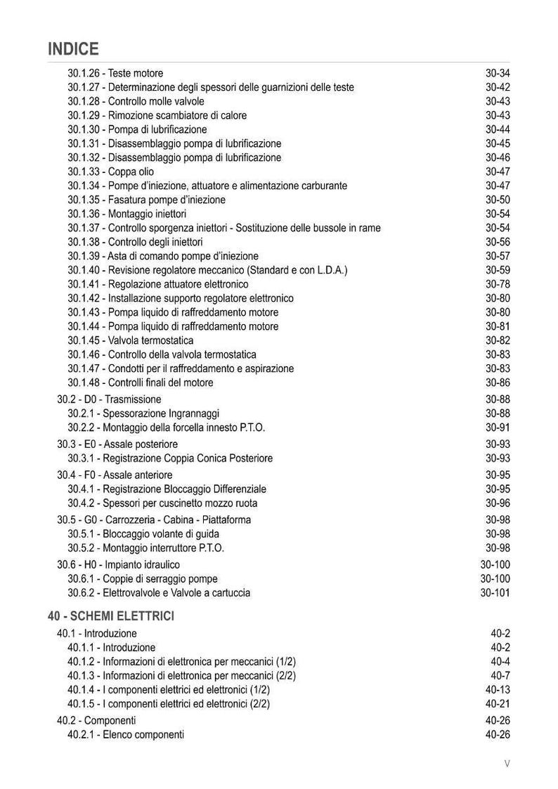 Puede incluir: Una p&aacute;gina de &iacute;ndice detallada de un manual, con una lista de componentes y procedimientos automotrices. El texto est&aacute; en italiano, con secciones sobre componentes del motor, esquemas el&eacute;ctricos y m&aacute;s. Los n&uacute;meros de p&aacute;gina se enumeran a la derecha.