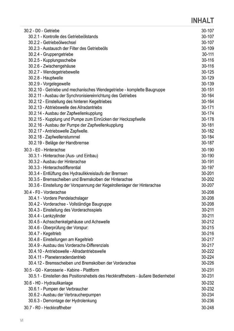 May include: A detailed table of contents in black text on a white background, listing various mechanical components and their corresponding page numbers. The document is likely a technical manual or guide.