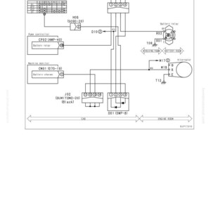 Op de afbeelding: Een gedetailleerd stroomdiagram met betrekking tot de batterijrelais-aandrijving, met componenten zoals een startsleutel, batterijrelais en dynamo. Het diagram bevat labels en connectordetails.