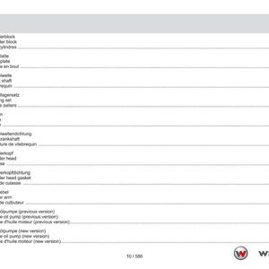 May include: A page from a technical manual with a table of contents in German, English, and French. The table lists engine components such as cylinder block, crank shaft, and piston. The Weidemann logo is in the bottom right corner.