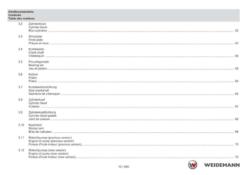 May include: A page from a technical manual with a table of contents in German, English, and French. The table lists engine components such as cylinder block, crank shaft, and piston. The Weidemann logo is in the bottom right corner.