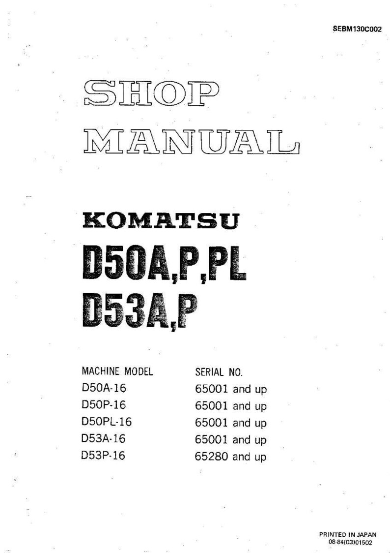 May include: A white shop manual with the title "SHOP MANUAL" in large, outlined font. The manual is for Komatsu models D50A, P, PL, and D53A, P. Includes machine model and serial number information.
