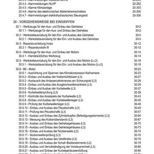 May include: A detailed table of contents in German, listing various automotive repair procedures and components. Includes sections on engine components, electrical systems, and maintenance procedures, with corresponding page numbers.