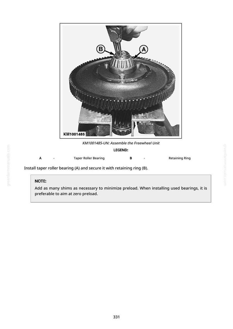 May include: An instructional diagram shows the assembly of a freewheel unit. The image includes a gear, taper roller bearing, and retaining ring. Text on the image reads "KM1001485-UN: Assemble the Freewheel Unit."