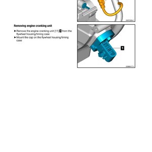 May include: Diagram of engine components with text instructions. The image shows a close-up of engine parts, including a blue component and a yellow cable. Text includes "Connecting the electrical connection to the speed sensor."