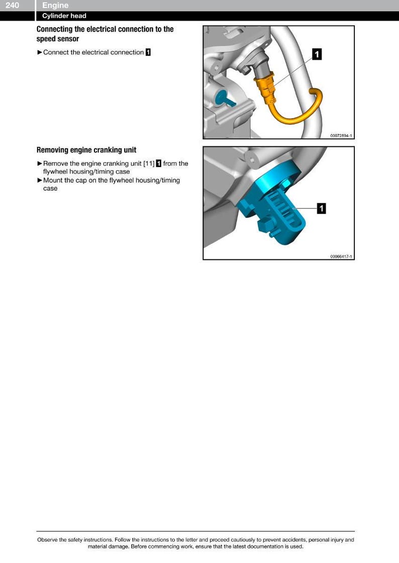 May include: Diagram of engine components with text instructions. The image shows a close-up of engine parts, including a blue component and a yellow cable. Text includes "Connecting the electrical connection to the speed sensor."