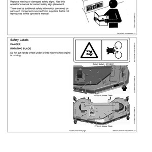 Puede incluir: P&aacute;gina de un manual del operador titulada "Etiquetas de seguridad". Incluye advertencias de seguridad, diagramas e ilustraciones. El texto advierte sobre cuchillas giratorias y plataformas de corte, incluyendo modelos de 152 cm y 183 cm.