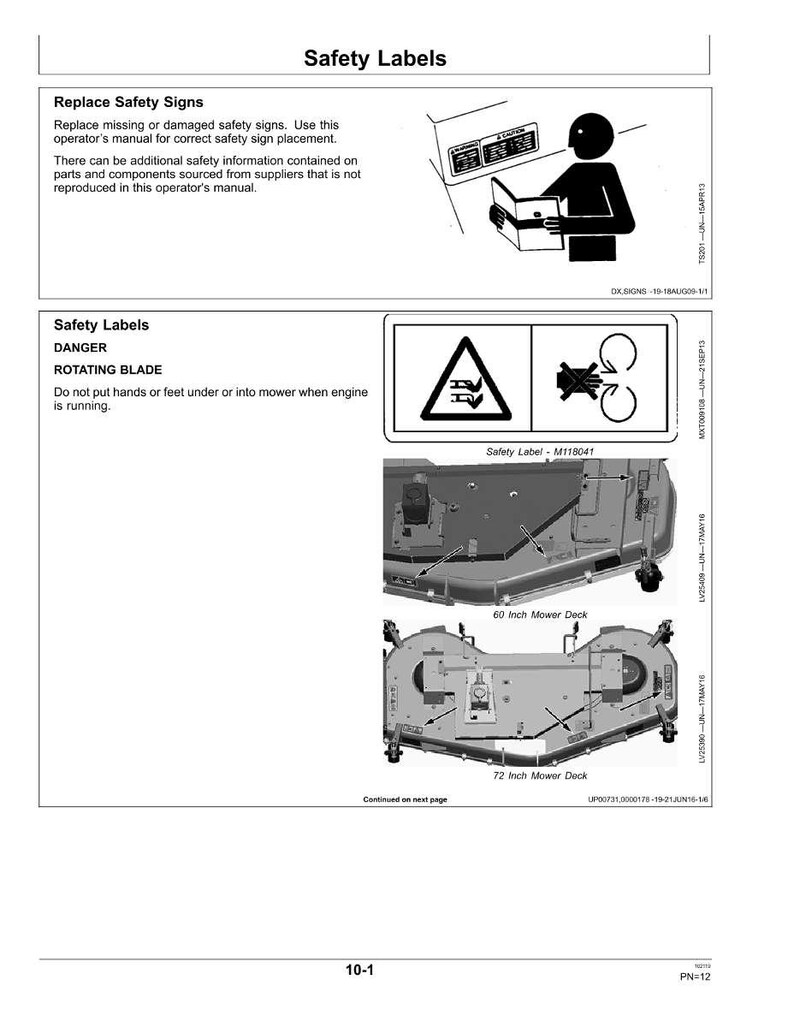 Puede incluir: P&aacute;gina de un manual del operador titulada "Etiquetas de seguridad". Incluye advertencias de seguridad, diagramas e ilustraciones. El texto advierte sobre cuchillas giratorias y plataformas de corte, incluyendo modelos de 152 cm y 183 cm.