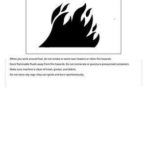 May include: A safety sign with the text "Handle Fluids Safely-Avoid Fires" above a black flame graphic. The sign also includes safety instructions: avoid smoking, store flammable fluids away from fire hazards, and keep machines clean.