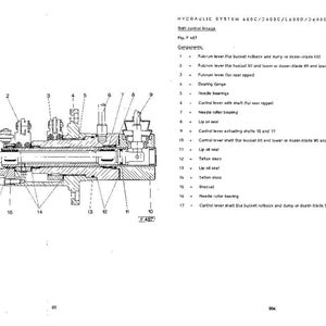 May include: Detailed diagram of a hydraulic system, labeled with components such as fulcrum levers, bearings, and control levers. The text includes "HYDRAULIC SYSTEM 400C/D600C/L400D/D6800" and "Shaft control linkage".