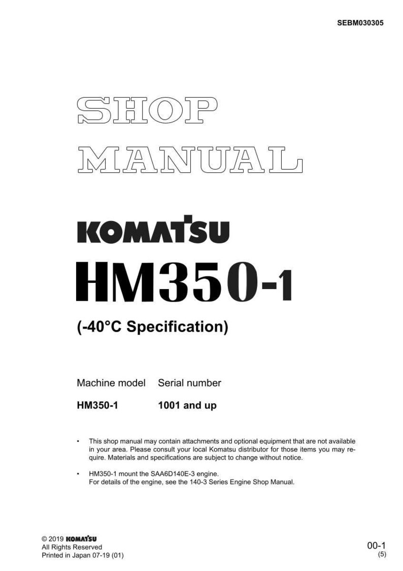 May include: A white shop manual with the text "SHOP MANUAL" in a stylized font. The Komatsu logo is displayed, followed by "HM350-1" and "(-40&deg;C Specification)". Includes machine model and serial number information.