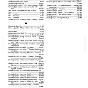 May include: A page from a manual with an index of work equipment terms. The text includes terms like "Valve clearance", "Work equipment system", and "Working range". The page is white with black text.