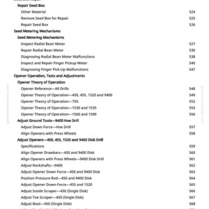 K&ouml;nnte beinhalten: Eine Seite aus einem Handbuch mit einer Liste von Reparatur- und Einstellverfahren f&uuml;r landwirtschaftliche Ger&auml;te. Der Text enth&auml;lt Begriffe wie "Saatgutkastenreparatur", "&Ouml;ffnerbetrieb" und "Bodenger&auml;te einstellen". Die Seitenzahl ist 10.