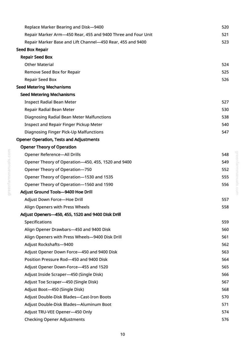 K&ouml;nnte beinhalten: Eine Seite aus einem Handbuch mit einer Liste von Reparatur- und Einstellverfahren f&uuml;r landwirtschaftliche Ger&auml;te. Der Text enth&auml;lt Begriffe wie "Saatgutkastenreparatur", "&Ouml;ffnerbetrieb" und "Bodenger&auml;te einstellen". Die Seitenzahl ist 10.