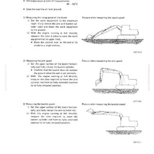 K&ouml;nnte beinhalten: Diagramme und Text zur &Uuml;berpr&uuml;fung der Leistung von Arbeitsger&auml;ten. Das Bild enth&auml;lt Illustrationen eines Baggers und Anweisungen zur Messung von Geschwindigkeit und Temperatur.