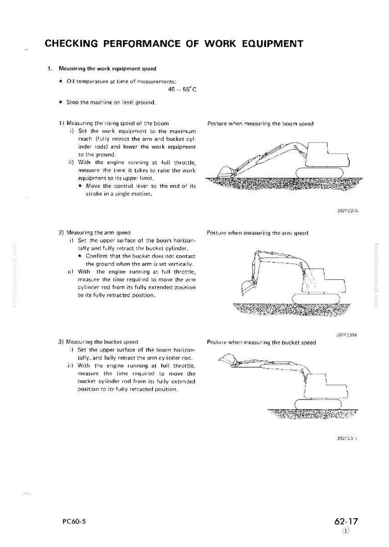 K&ouml;nnte beinhalten: Diagramme und Text zur &Uuml;berpr&uuml;fung der Leistung von Arbeitsger&auml;ten. Das Bild enth&auml;lt Illustrationen eines Baggers und Anweisungen zur Messung von Geschwindigkeit und Temperatur.