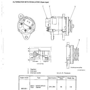 May include: Diagram of an alternator with regulator, labeled as "Open type." Includes detailed illustrations of the regulator, alternator, and pulley, with specifications for different engine models. The diagram includes measurements in millimeters and weight in kilograms.