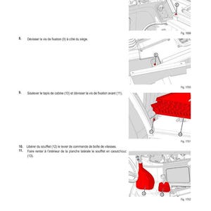 May include: A page from a manual titled "M&Eacute;THODE D'INTERVENTION" with numbered steps and diagrams. The diagrams show car parts and instructions for disassembly, including removing screws and lifting components. Figures 1699, 1700, 1701, and 1702 are referenced.
