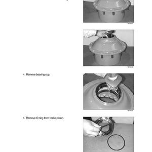 May include: A series of grayscale images illustrating automotive repair procedures. The images show steps like removing a wheel hub seal, bearing cup, and O-ring from a brake piston. Text accompanies the images, detailing each step in the process.