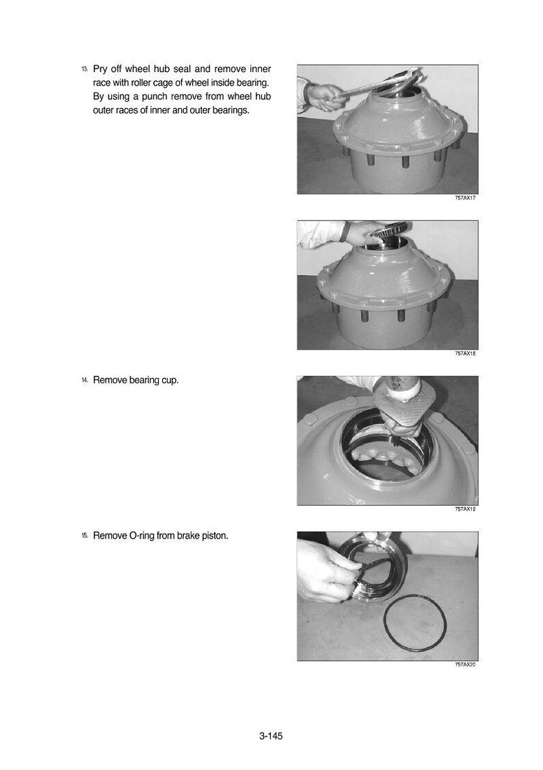 May include: A series of grayscale images illustrating automotive repair procedures. The images show steps like removing a wheel hub seal, bearing cup, and O-ring from a brake piston. Text accompanies the images, detailing each step in the process.