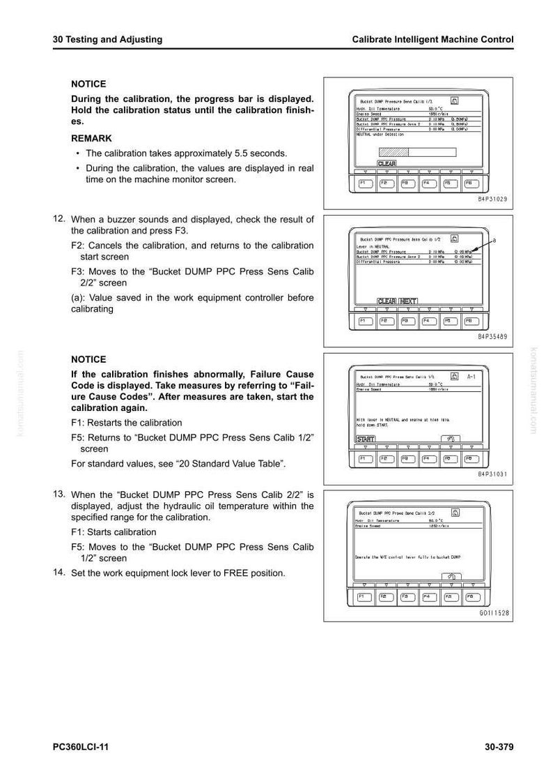 Op de afbeelding: Pagina uit een technisch handboek met instructies voor het kalibreren van intelligente machinebesturing. De pagina bevat tekst, diagrammen en schermafbeeldingen van de interface van de machine. De tekst geeft stapsgewijze instructies.