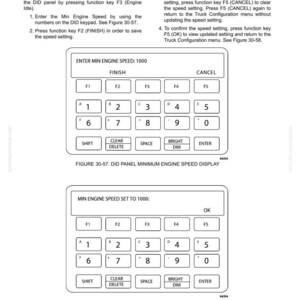 May include: Diagram of a DID panel with buttons and a numeric keypad. The text reads "ENTER MIN ENGINE SPEED: 1000" and "MIN ENGINE SPEED SET TO 1000:". The panel includes function keys, number keys, and control buttons.