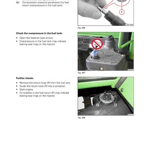 May include: Diagram from a Fendt engine manual showing the injector with a seal ring, fuel tank, and related components. Includes text describing leak checks and overpressure in the fuel tank.