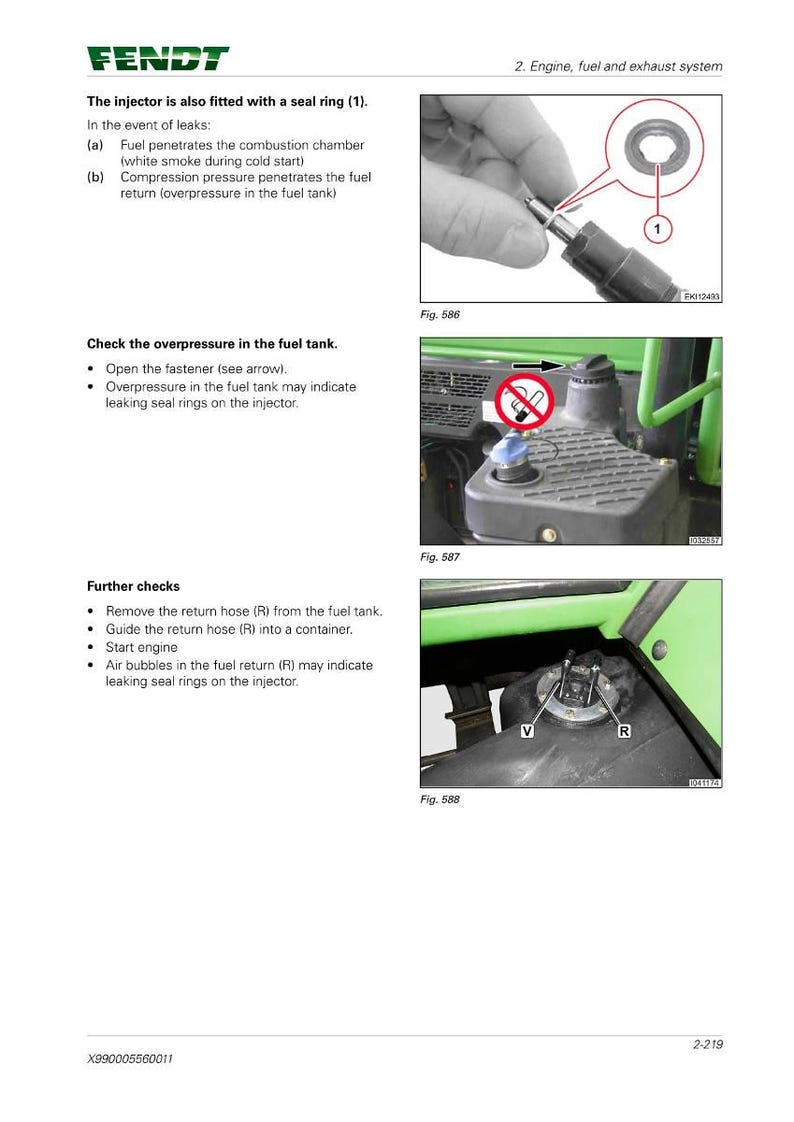 May include: Diagram from a Fendt engine manual showing the injector with a seal ring, fuel tank, and related components. Includes text describing leak checks and overpressure in the fuel tank.