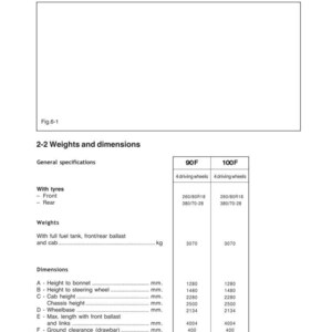 Puede incluir: Un diagrama t&eacute;cnico titulado "Identificaci&oacute;n y especificaciones t&eacute;cnicas del tractor". Detalla dimensiones, pesos y tama&ntilde;os de neum&aacute;ticos para dos modelos de tractor, con medidas en mil&iacute;metros y kilogramos.
