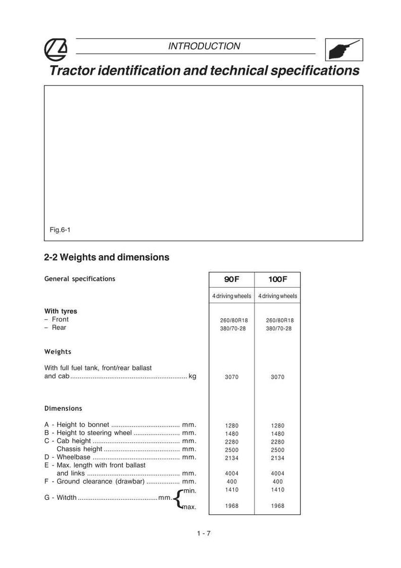 Puede incluir: Un diagrama t&eacute;cnico titulado "Identificaci&oacute;n y especificaciones t&eacute;cnicas del tractor". Detalla dimensiones, pesos y tama&ntilde;os de neum&aacute;ticos para dos modelos de tractor, con medidas en mil&iacute;metros y kilogramos.