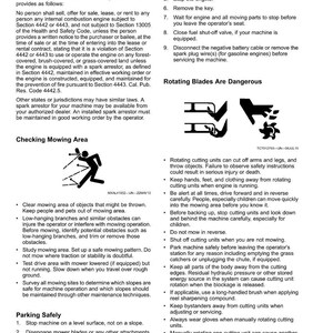 May include: Safety instructions for operating a machine, including warnings about spark arrestors, mowing area checks, and parking safely. Includes diagrams and text about rotating blades and potential hazards.