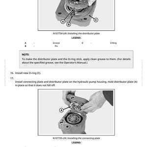 May include: Diagram showing the installation of a distributor plate and connecting plate on a hydraulic pump housing. The image includes labels for grooves, pins, and O-rings, with assembly instructions.