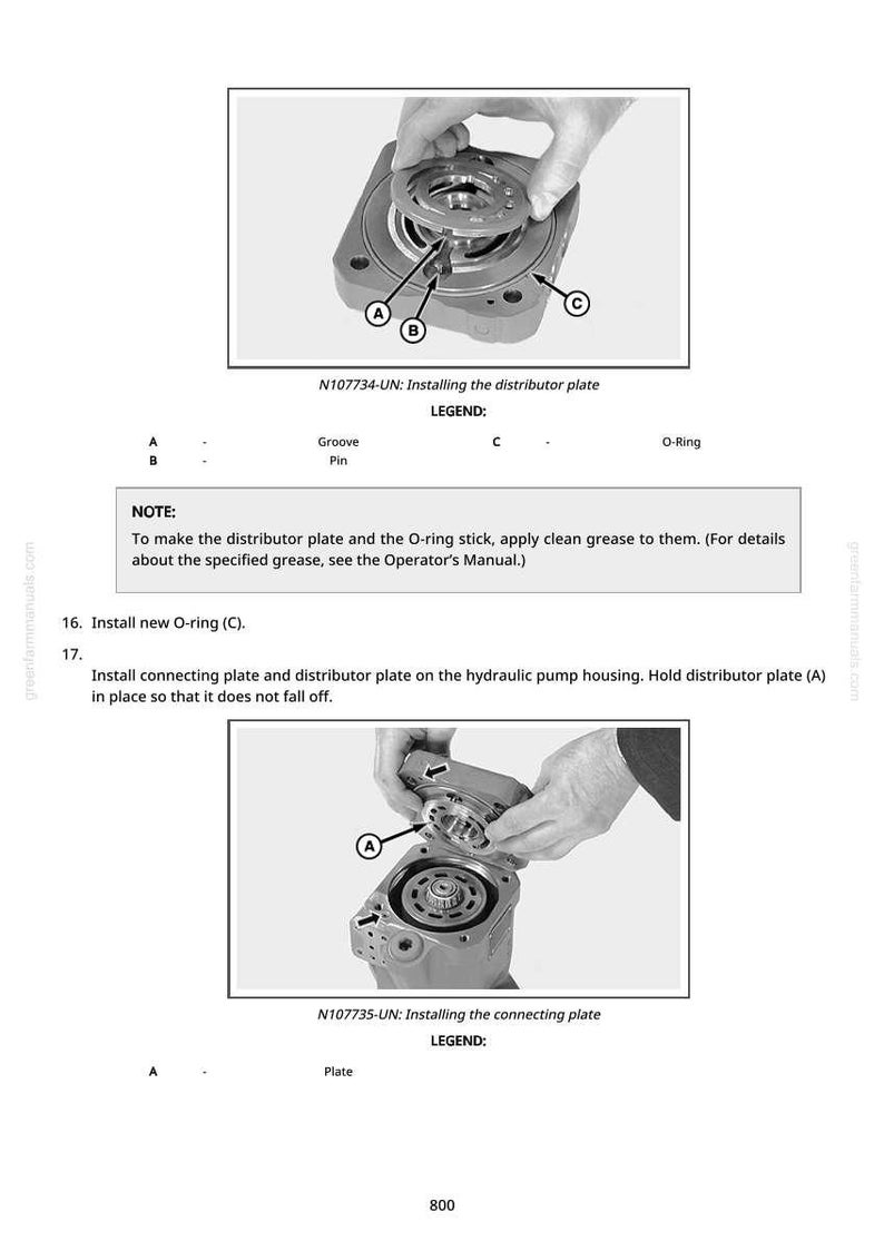 May include: Diagram showing the installation of a distributor plate and connecting plate on a hydraulic pump housing. The image includes labels for grooves, pins, and O-rings, with assembly instructions.