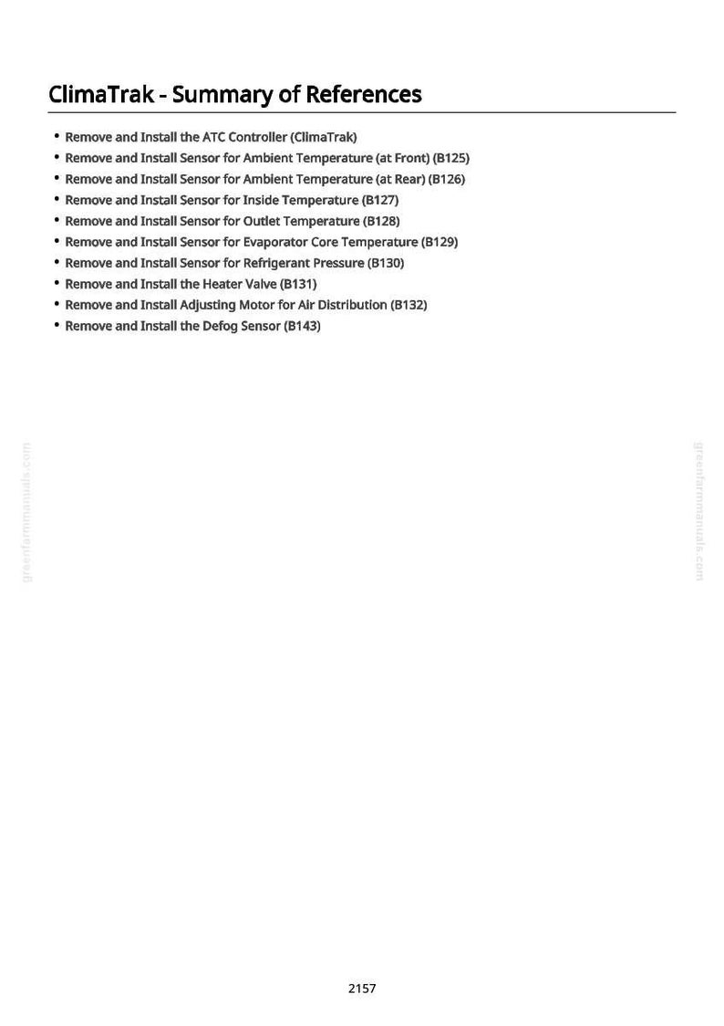 Op de afbeelding: Een witte pagina met de titel "ClimaTrak - Summary of References" en een lijst met instructies voor het verwijderen en installeren van verschillende sensoren en componenten, waaronder de ATC-controller en de ontwasemingssensor. De pagina bevat ook het websiteadres en het nummer 2157.