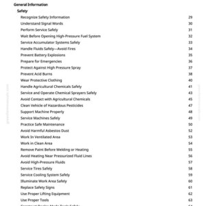 May include: A white page titled "Table of Contents" from a manual. The table lists safety topics such as "Prevent Battery Explosions" and "Avoid Harmful Asbestos Dust". Page numbers are listed on the right.